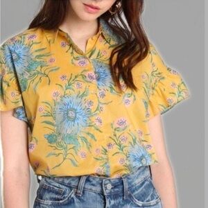 Madewell Ruffle Sleeve Button Down Shirt Painted Blooms Floral Size S